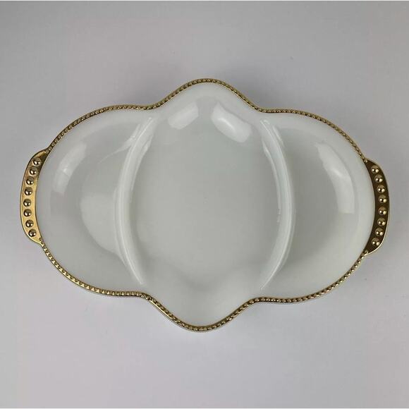 Fire King Milk Glass Divided Relish Dish with Gold Trim‎ - Picture 1 of 7